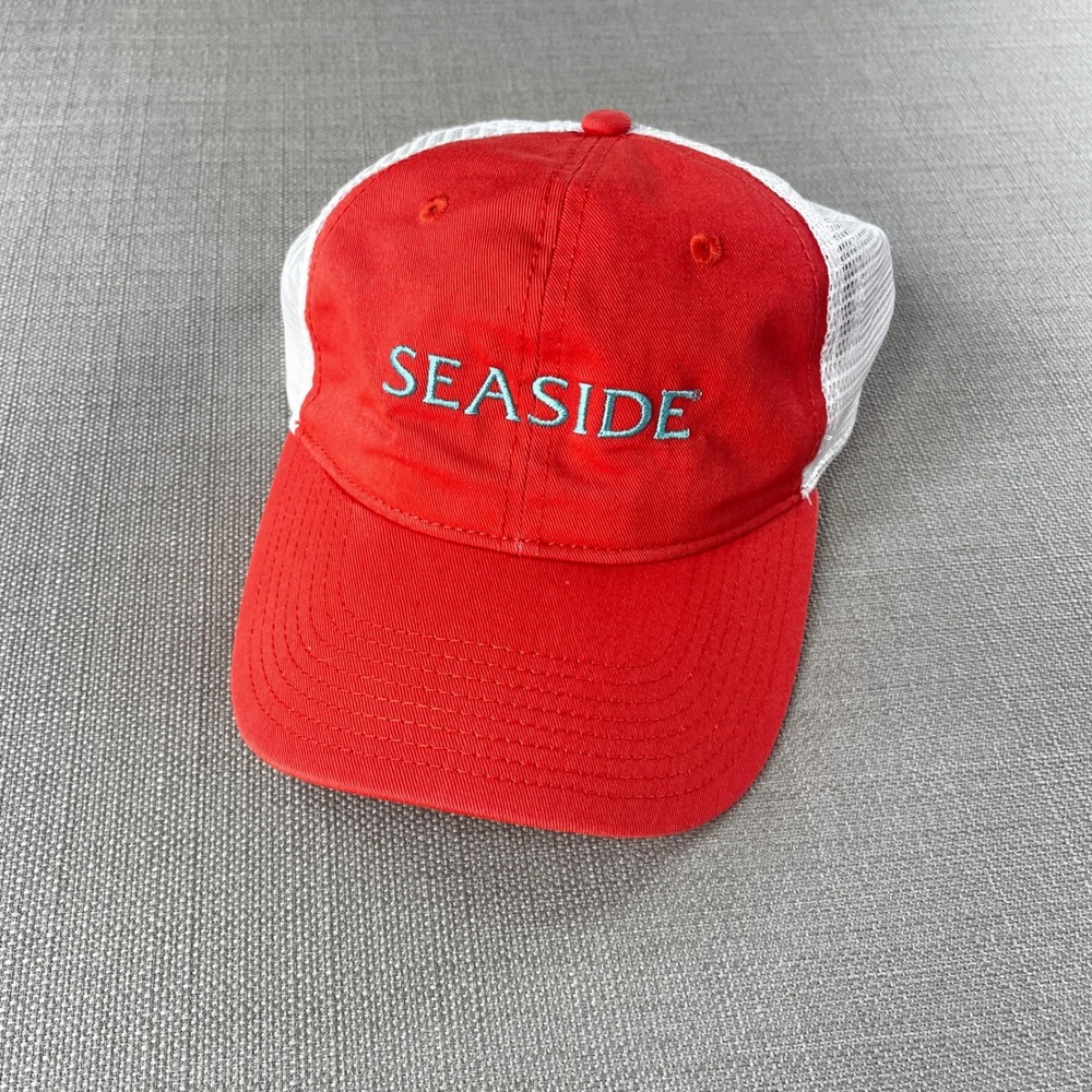 Seaside Trucker Hat Unisex OSFM Orange Coral White Mesh Snapback Vacation Summer
